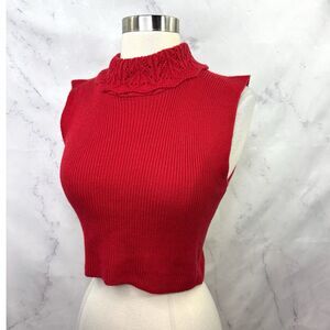 Vtg y2k Ribbed Knit Red Cropped Turtleneck Sweater Sleeveless Crochet S Retro